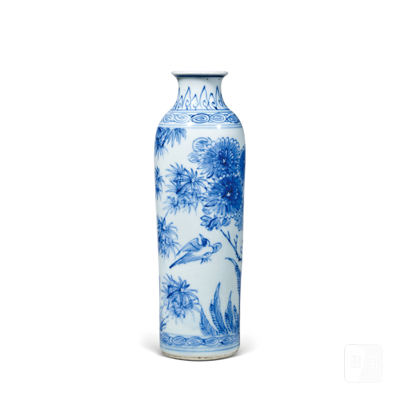 明崇祯青花淡描梅竹花鸟纹筒瓶 - 图1